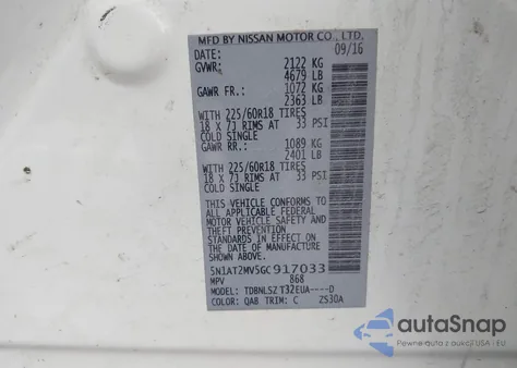 2016 Nissan Rogue Sl z USA, uszkodzony, nr VIN 5N1AT2MV5GC917033